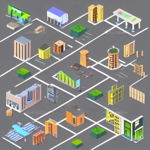 Prompt: isometric outline icons of a variety of private and commercial buildings like modern house, office building, factory, architecture, real estate, game concept art