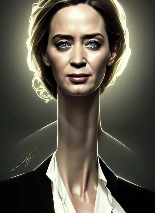 Image similar to portrait of emily blunt as business woman, black suit, white shirt, black tie, intricate, headshot, highly detailed, digital painting, artstation, concept art, sharp focus, cinematic lighting, illustration, art by artgerm and greg rutkowski, alphonse mucha, cgsociety