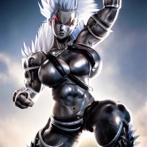 Image similar to warrior girl, muscular girl, wild spiky black saiyan hair, long spiky hair, electrified hair, wearing chrome silver armor and black spandex pants, ultra realistic, intricate details, highly detailed, subsurface scattering, photorealistic, octane render, 8 k, art by artgerm, greg rutkowski, magali villeneuve, alphonse mucha