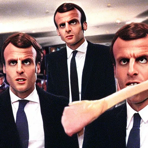 Prompt: three Emmanuel Macron in American Psycho (1999)