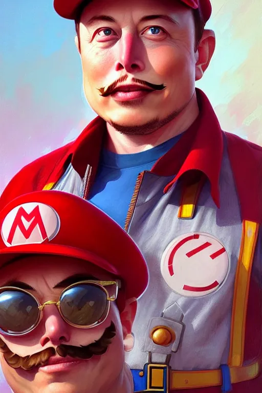 Image similar to elon musk as mario from the super mario bros, realistic portrait, symmetrical, highly detailed, digital painting, artstation, concept art, smooth, sharp focus, illustration, cinematic lighting, art by artgerm and greg rutkowski and alphonse mucha