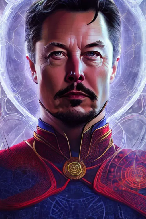 Image similar to elon musk as dr strange, realistic portrait, symmetrical, highly detailed, digital painting, artstation, concept art, smooth, sharp focus, illustration, cinematic lighting, art by artgerm and greg rutkowski and alphonse mucha