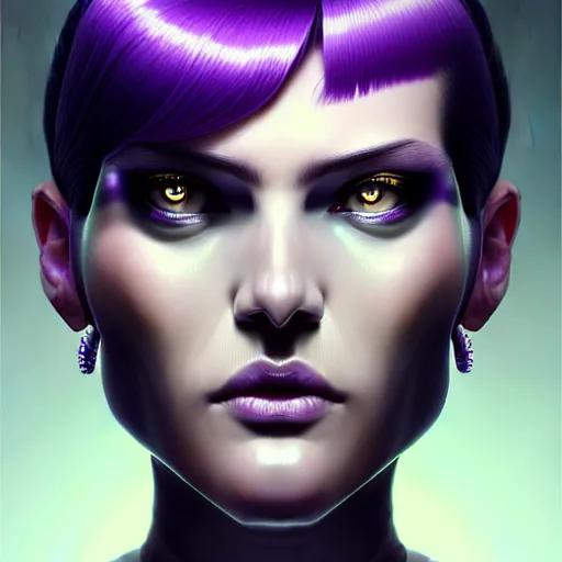 Image similar to woman with extremely large and intricate haircut with angry purple eyes and slim features looking askance, eye cyberpunk bionics, retro futurist style, intricate, elegant gleaming intricate baroque jewelry, angelic halo, highly detailed, digital painting, artstation, concept art, smooth, sharp focus, illustration, art by wlop, mars ravelo and greg rutkowski,