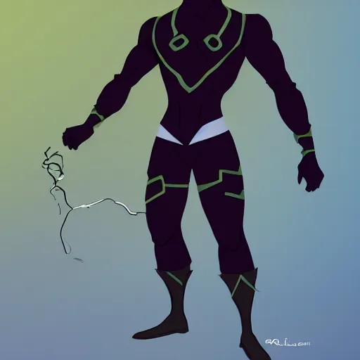 Prompt: dark - skinned superhero with a black suit and very minimal green details, his power comes from a ring that gives him mutant - like powers and a spectacular mask as a weapon he has an expandable staff. he wears no cape. he has a belt as a feline tail, digital art, artstation, conceptart, badass