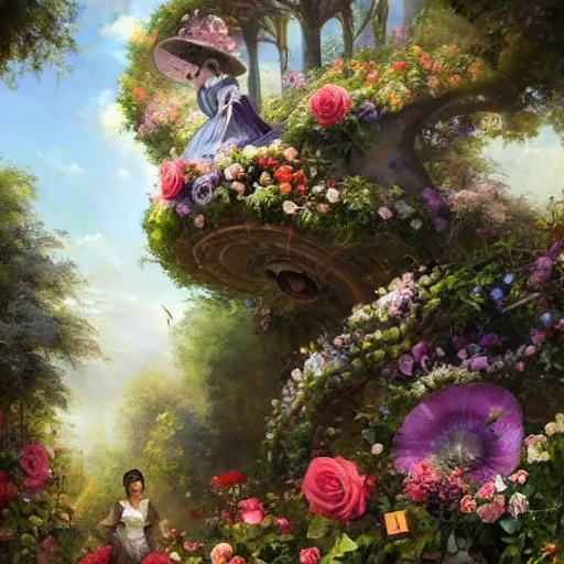 Prompt: portrait of a victorian woman running up a hill of exotic flowers, giant mushrooms, and roses, from behind, streets, birds in the sky, sunlight and rays of light shining through trees, tall buildings on the sides, beautiful, solarpunk!!!, highly detailed, digital painting by Michael Garmash and Peter Mohrbacher