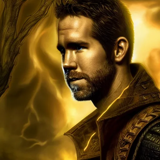 Prompt: a portrait of a Ryan Reynold as a warlock ,Grim fantasy, D&D, HDR, natural light, shoulder level shot, dynamic pose, award winning photograph, Mucha style 4k,