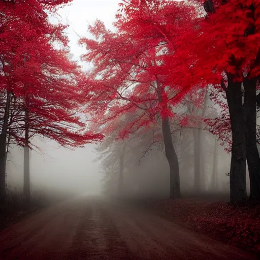 Image similar to a blood red river. gothic. dark ominous trees. moody. atmospheric lighting. foggy.