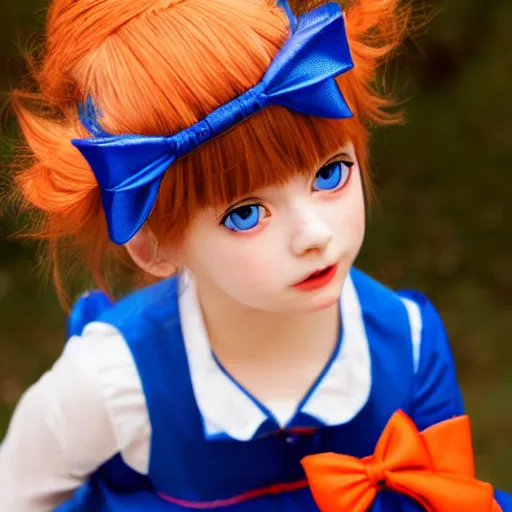 Image similar to little girl in a maid outfit with blue eyes, a red bow on her head, short light orange hair, anime, high detail