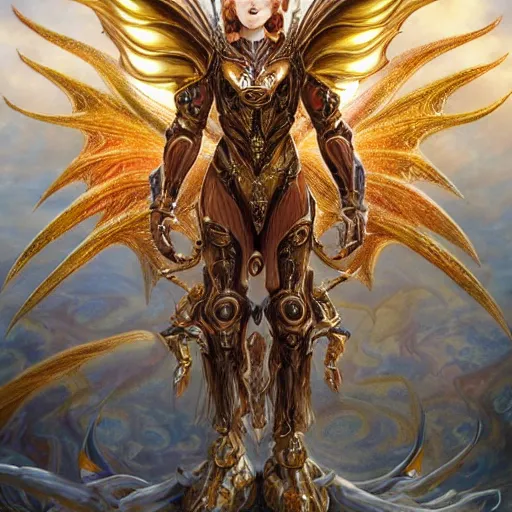 Prompt: a beautiful symmetrical muscular full body wearing a dragon armor with wings made of golden ornaments and gems, by alex gray and android jones , Karol Bak, Ayami Kojima, Amano , concept art, character design, fantasy,3D, 8k resolution