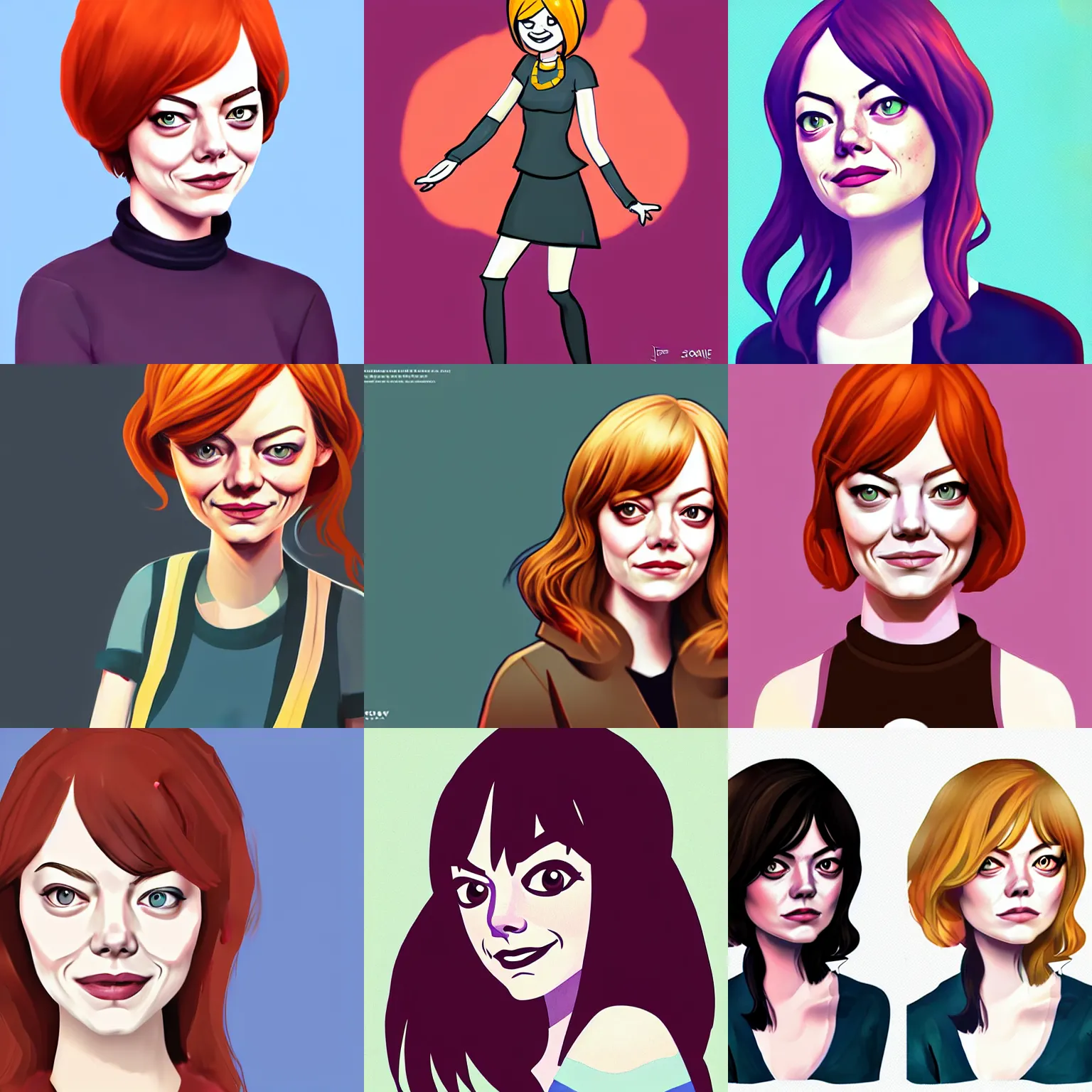 Prompt: Emma Stone as a character from Sony Starve Together, character illustration by Jeff Agala, digital art.