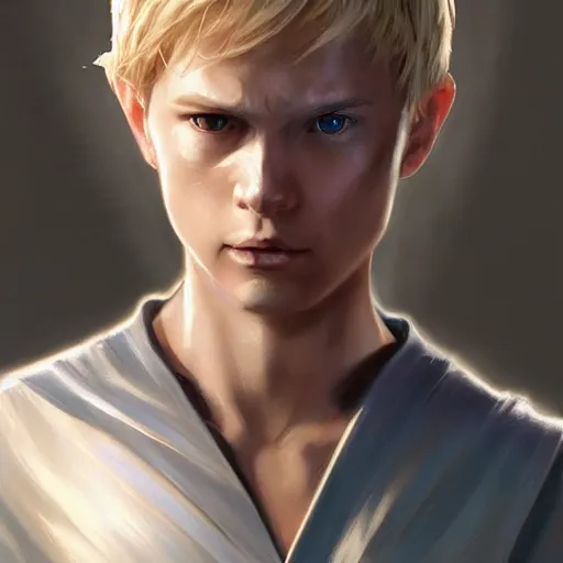 Image similar to a young blonde male jedi with short hair looking away at a threat full body shot concept art by Doug Chiang cinematic concept art, realistic painting, high definition, digital art, matte painting, symmetrical, very detailed, realistic, dramatic lighting, cinematic, establishing shot, extremely high detail, photo realistic, cinematic lighting, post processed, concept art, artstation, matte painting, red color scheme