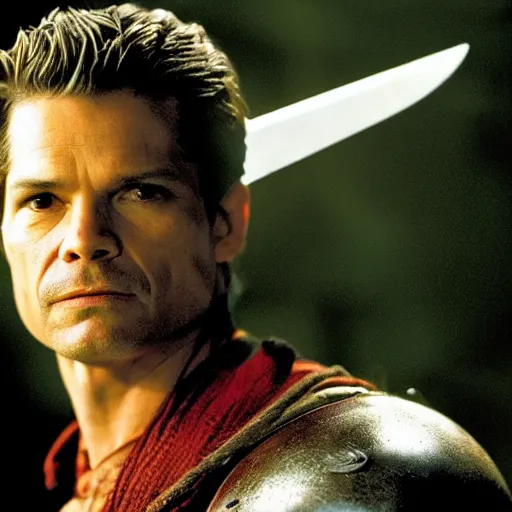 Prompt: action 7 0 mm medieval fantasy head and shoulders portrait photo of timothy olyphant as a dagger - wielding assassin, photo by philip - daniel ducasse and yasuhiro wakabayashi and jody rogac and roger deakins