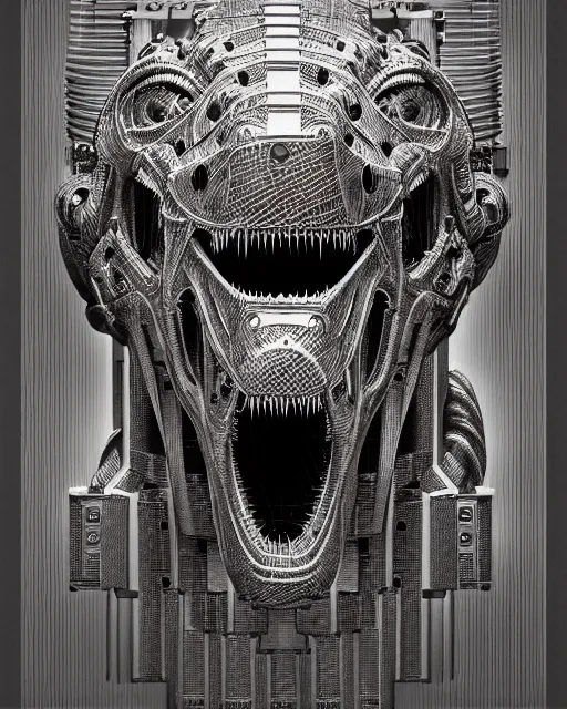 Image similar to mechanical robot trex transformer dinosaur head, bold line symmetrical illustration by peter gric, hr giger, kim jung gi, joe fenton, scifi, screen print, art station, pistons and engine parts, sharp, high contrast, hyper detailed,