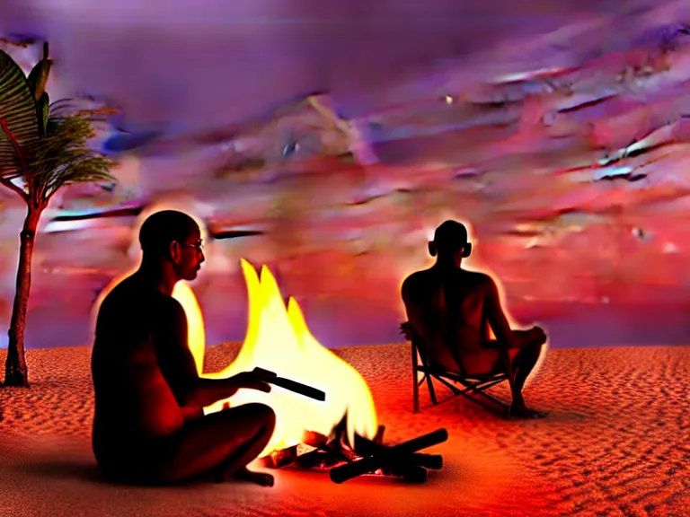 Prompt: gandhi sitting on a beach next to a campfire, holding a cigar, sunset, parrots, coconuts, palm trees, glorious lighting, epic environment, highly detailed, digital art, hyper realistic, beautiful, 8 k, trending on deviantart