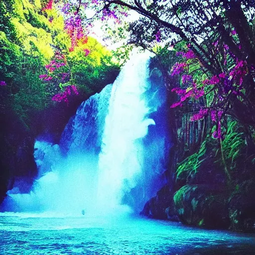 Image similar to “left wing president, good teeth, waterfall background, intense blue sky, trees, magenta colors”