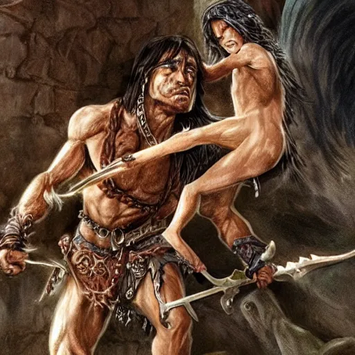 Prompt: highly detailed fantasy art of a weak and skinny conan the barbarian fighting a malnourished kitten