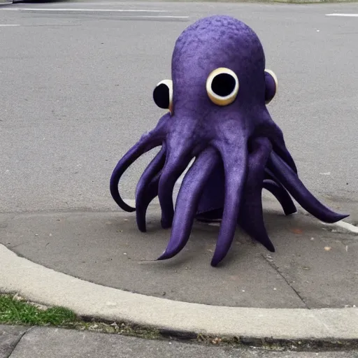 Image similar to a strange bird octopus hybrid creature waiting for the bus