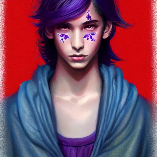 Image similar to colorful and festive captivating teenager boy with straight indigo hair, purple eyes with red eye markers, slim body, wearing a detailed japanese kimono. rich vivid colors, ambient lighting, dynamic lighting, 4 k, atmospheric lighting, painted, intricate, highly detailed by charlie bowater