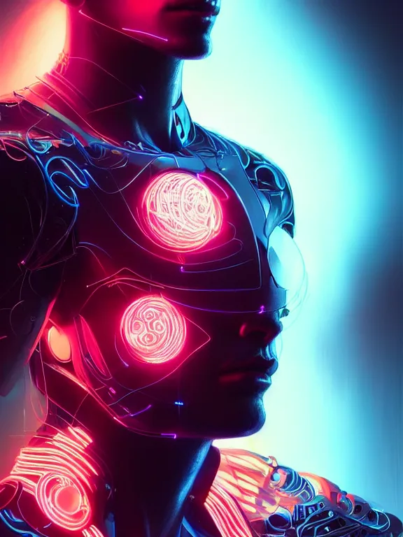 Image similar to portrait of male humanoid, intricate, masculine, cyber neon lights, highly detailed, digital photography, artstation, stylish pose, concept art, smooth, sharp focus, illustration, art by artgerm and greg rutkowski