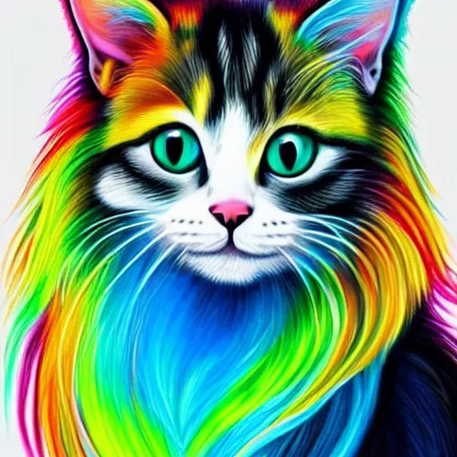 Image similar to luminescent colorful detailed airbrush painting of long haired cat