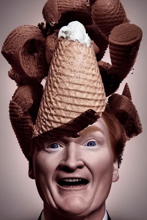 Prompt: 📷 conan o'brien the ice - cream cone 🍦, made of food, head portrait still image, dynamic lighting, 4 k