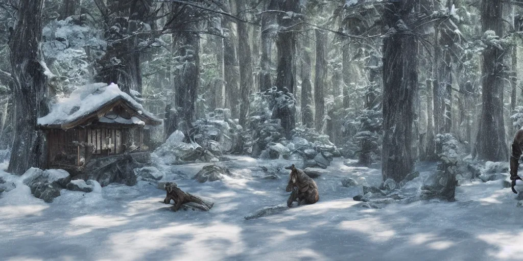 Image similar to Wolverine at japan forest, Greg Rutkowski, trending on Artstation, 8K, ultra wide angle, establishing shot, pincushion lens effect, zenith view