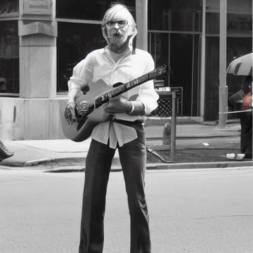 Prompt: hugh hopper on a street corner eating an orange fruit and drinking a pepsi