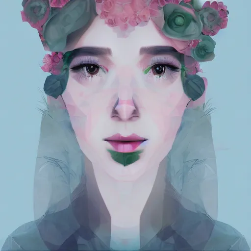 Image similar to face portrait of a woman, polygon art, plants on head, inspired by lois van baarle, cinematic, 8 k