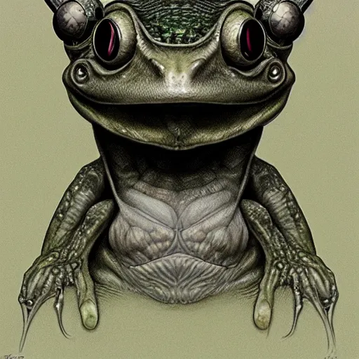 Image similar to mechanical frog, portrait by wayne barlowe