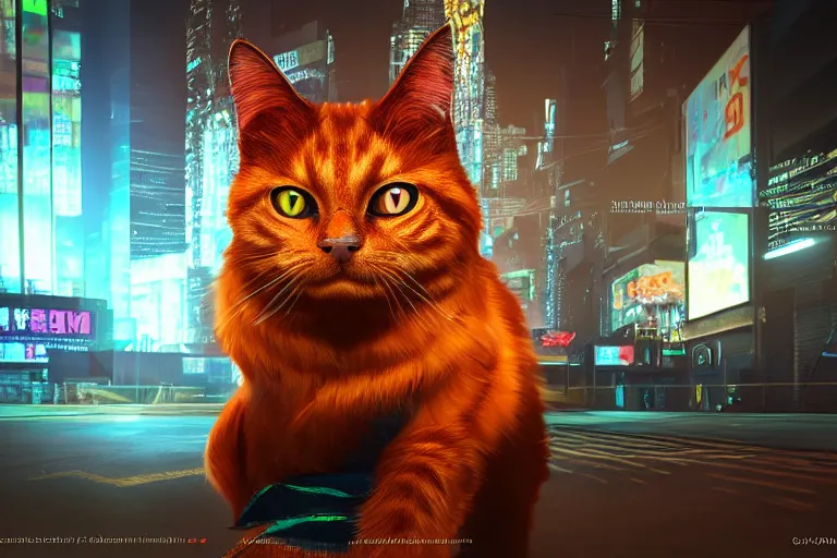 Image similar to cyberpunk ginger cat in the city, neon lighting, rendered in unreal engine, trending on artstation