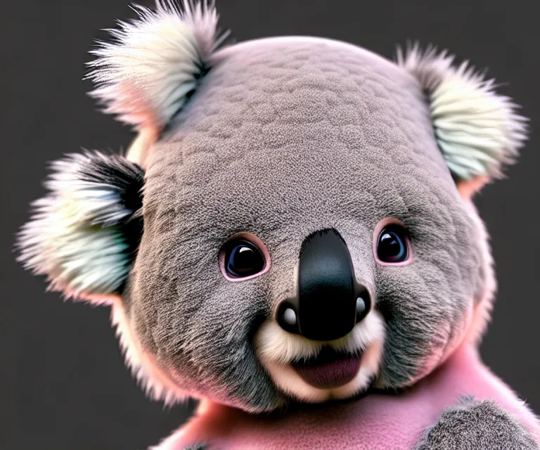 Image similar to high quality 3 d render hyperrealistic very cute small koala, plush mascot, short spiky dense fluffy smooth hair, photo from the side, pink fluffy fur, 1 5 0 mm, beautiful natural soft light, rim light, vray, smooth background, artstation, ultra detailed