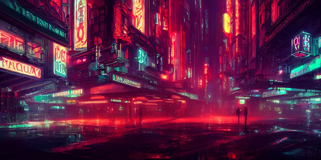 Image similar to concept art, octane render, a brooding, dystopian city, reflections, volumetric neon lighting, dramatic, emerald red neon glow, 8 k, ultra - hd, insanely detailed and intricate, hypermaximalist, elegant, ornate, by gerald brom, by syd mead, akihiko yoshida, doug chiang, cinematic