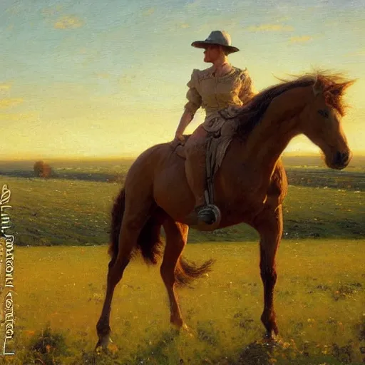 Image similar to detailed wide shot of horse in the field, spring light, painting by gaston bussiere, craig mullins, j. c. leyendecker