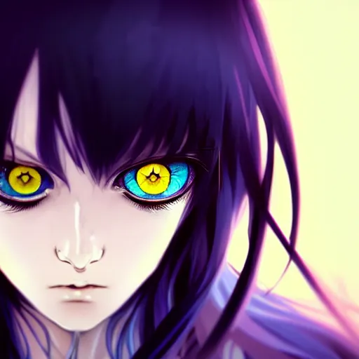 Prompt: two gold eyes on a long blue - haired girl with bangs gothic anime character noir, screenshot, anime, sharp focus, intricate, illustration, cell shaded, digital painting, highly detailed, concept art, matte, art by ilya kuvshinov, wlop, and greg rutkowski, studio quality, james jean, artem demura