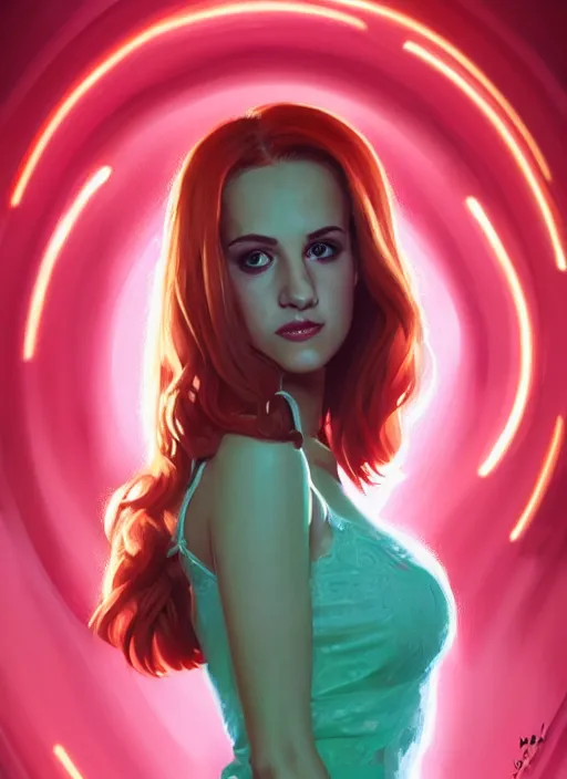 Image similar to full body portrait of teenage cheryl blossom, bangs, green eyes, mischievous expression, red hair, sultry smirk, bangs and wavy hair, intricate, elegant, glowing lights, highly detailed, digital painting, artstation, concept art, smooth, sharp focus, illustration, art by wlop, mars ravelo and greg rutkowski