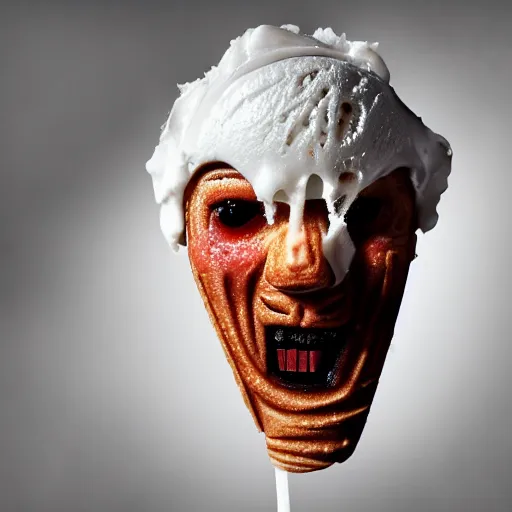 Image similar to freddy kruger face on an ice cream with a stick, realistic photography, high detailed