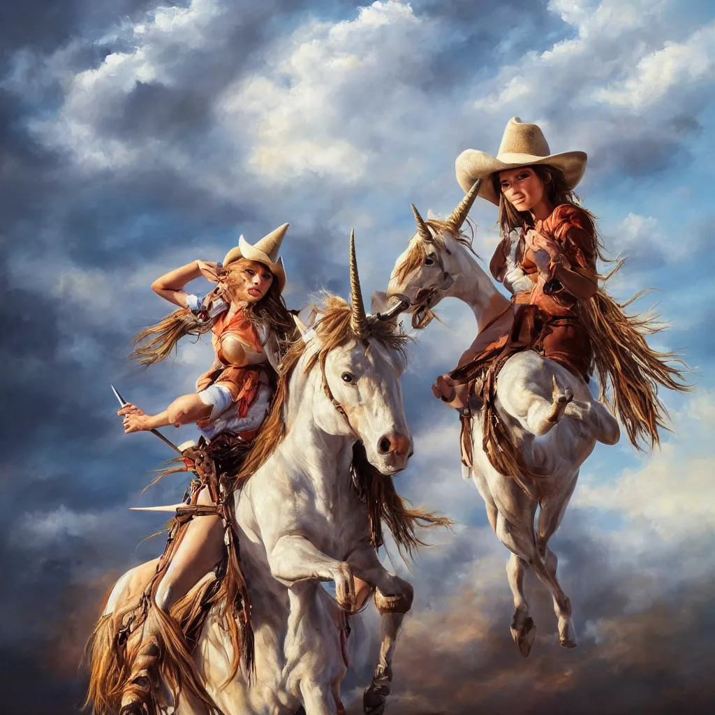 Prompt: Mark Magiori oil painting of a cowgirl on a unicorn, supercell cloud, extremely beautiful, amazing painting, HD, 8K, very detailed, photorealistic, hyperrealism