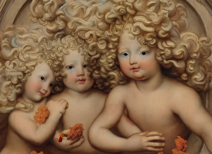 Image similar to cherubs with cheetos for hair, extremely detailed, a baroque painting, rococo style