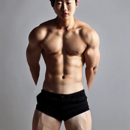 Image similar to a blond korean 2 0 year old man with large muscles and abs