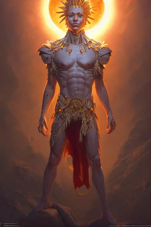 Image similar to humanoid god of the sun, highly detailed, d & d, fantasy, hyper detailed, digital painting, trending on artstation, apollo, concept art, sharp focus, illustration, art by artgerm and magali villeneuve and greg rutkowski and michael whelan, cryengine, 8 k realistic atmospheric lighting, frostbite 3 engine