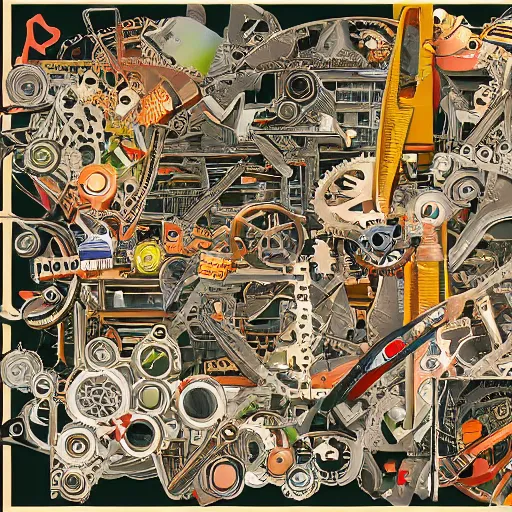 Image similar to a chaotic scene of a crazy machine with lots of details and contraptions. there are many pairs of scissors visible. the illustration is very detailed and intricate, with a lot of small elements that come together to create a cohesive whole. it uses a limited palette of colors, which helps to create a cohesive and unified look.