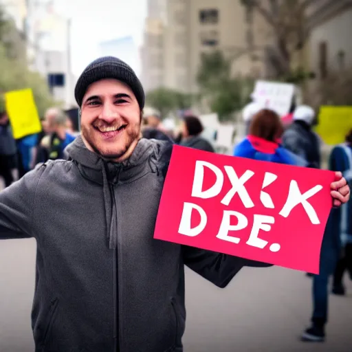 Image similar to photograph of smiling man holding a protest sign saying'xd ', high detail, 8 k resolution