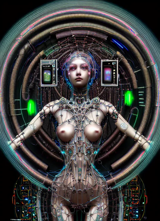 Image similar to timeless cybernetic deity girl with circuitry skin and networked mind tripping on acid, intricate detail, royo, whealan, giger, klimt, hd, octane render, unreal engine,