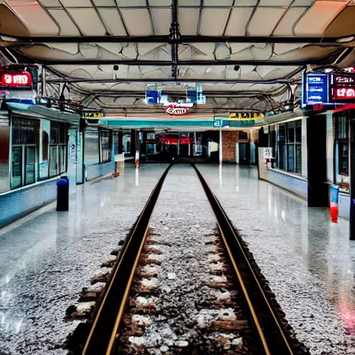 Prompt: photo of a train station, with floor flooded with ice cream