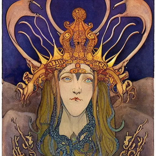 Image similar to the tentacle crown, by Annie Swynnerton and Nicholas Roerich! and (((Edmund Dulac))), bioluminescent skin, tattoos, elaborate costume, geometric ornament, symbolist, rich colors, dramatic lighting, smooth, sharp focus, extremely detailed