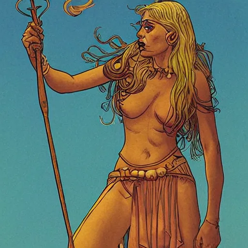 Image similar to half - length portrait of beautiful witch circe in the odyssey, art by moebius