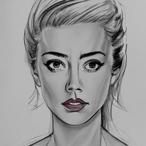 Prompt: courtroom sketch of amber heard standing on top of a bed, knees slightly bent, a brown object is underneath her