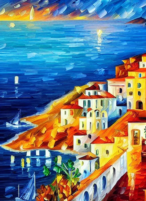 Image similar to beautiful seaside greek village in the style of leonid afremov