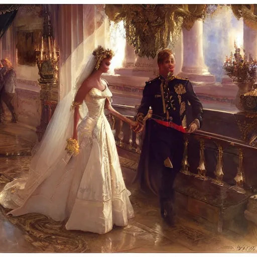 Image similar to detailed painting of prince william marrying attractive gigi hadid, highly detailed painting by gaston bussiere, craig mullins, j. c. leyendecker 8 k, watercolor, royal painting, painting, traditional art