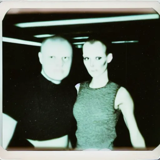 Image similar to two humanoid replicants stand too close to the camera, polaroid, flash photography, photo taken in a completely dark storage room where you can see some clutter in the background